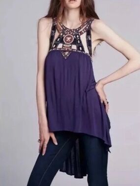 NWT Free People Long Open Purple Beaded Tank Top size Medium + OG FP Bag